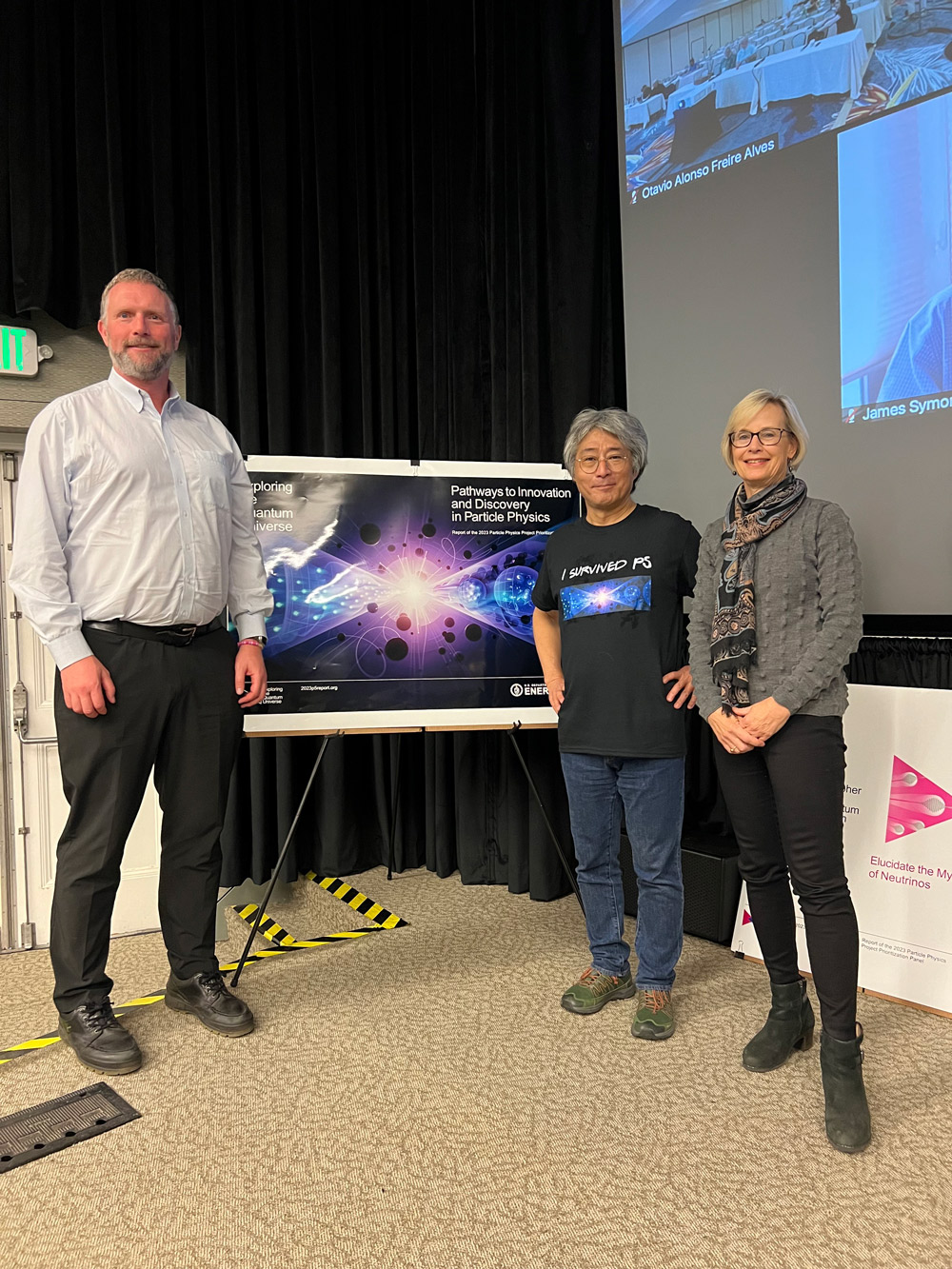 Cameron Geddes, Hitoshi Murayama, and Natalie Roe at the LBNL P5 Rollout Town Hall on December 12, 2023. Photo: Stephany Tone