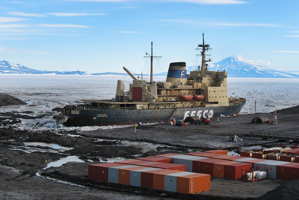 An icebreaker at McMurdo Station, Antarctica. Credit: Spencer Klein, Berkeley Lab