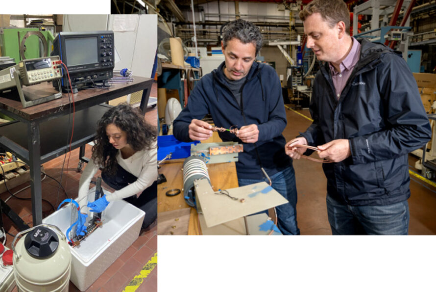 Sofia Viarengo (left image) tests a single strand of ReBCO tape. (Credit: Politecnico di Torino). (right image) Paolo Ferracin (left) and Lucas Brouwer demonstrate the ReBCO tape used for making superconducting cables. (Credit: Thor Swift/Berkeley Lab)