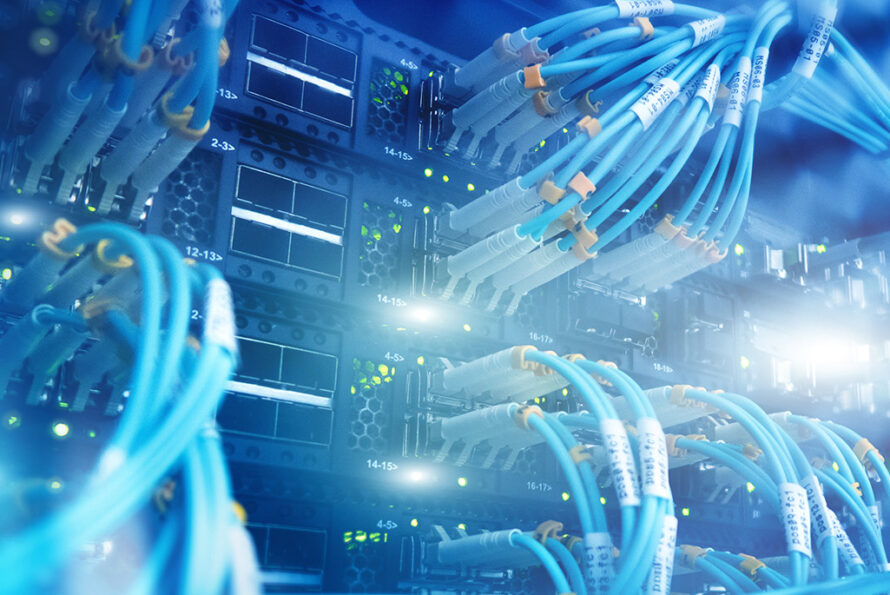 FRIB press release feature image: A blue-toned graphic showing cables plugging into a server.