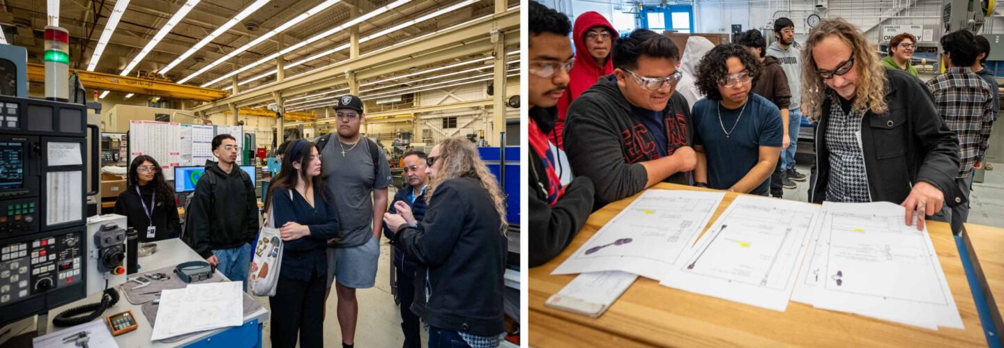Rick Kraft, a technical manager in the Engineering Division, showed students around the Main Machine Shop and the R&D Fabrication and Welding department in Building 77. (Photos by Thor Swift, Berkeley Lab)