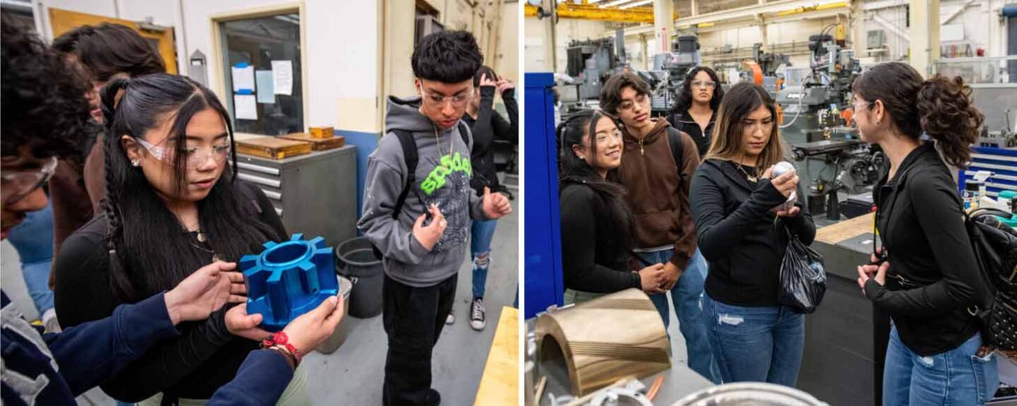 Students explored some of the Engineering Division’s Machine Shop creations, including prototype components (also known as “set-up parts”) showing a proof of concept for the ALS RF Kicker. (Photos by Thor Swift, Berkeley Lab)