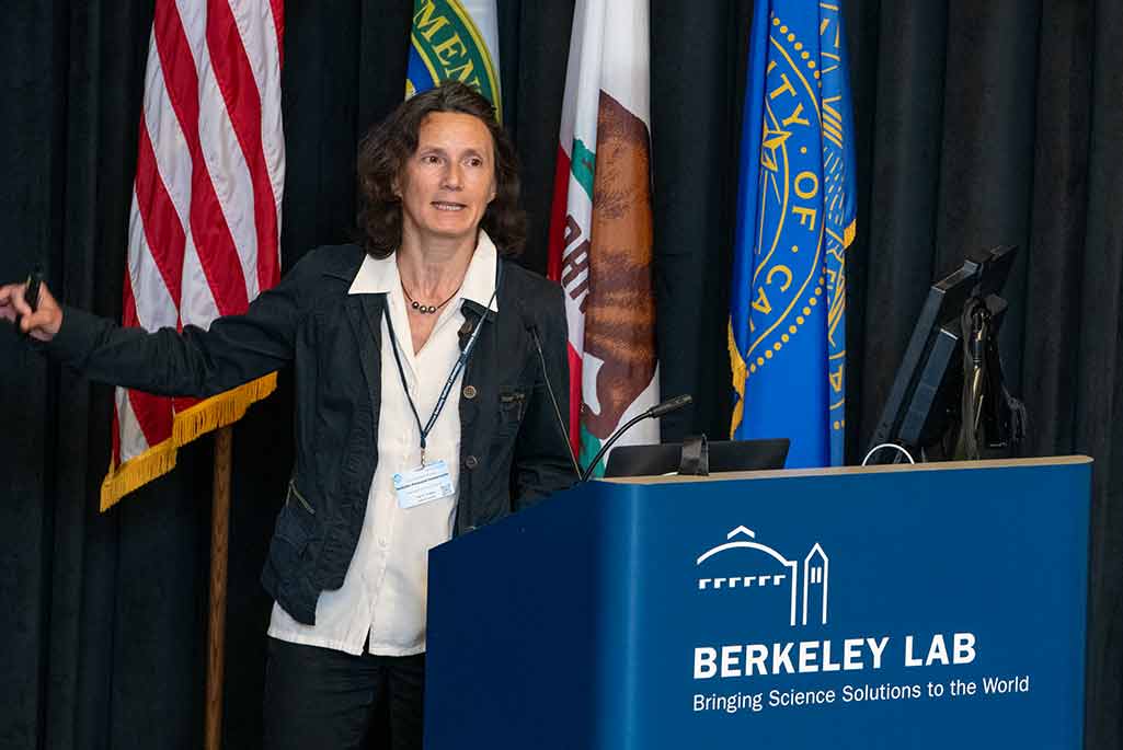 Nathalie Palanque-Delabrouille at the podium – 2024 Berkeley Lab Director’s Review of the Physics and ATAP Divisions – Photo by Thor Swift