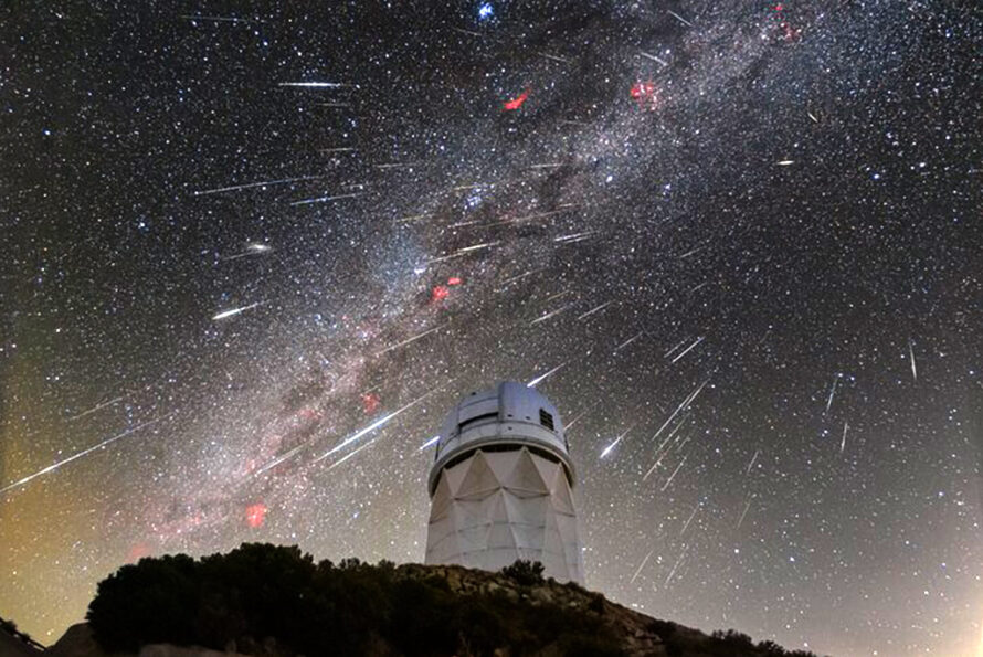 DESI observes the sky from the Mayall Telescope, shown here during the 2023 Geminid meteor shower. Credit: KPNO/NOIRLab/NSF/AURA/R. Sparks