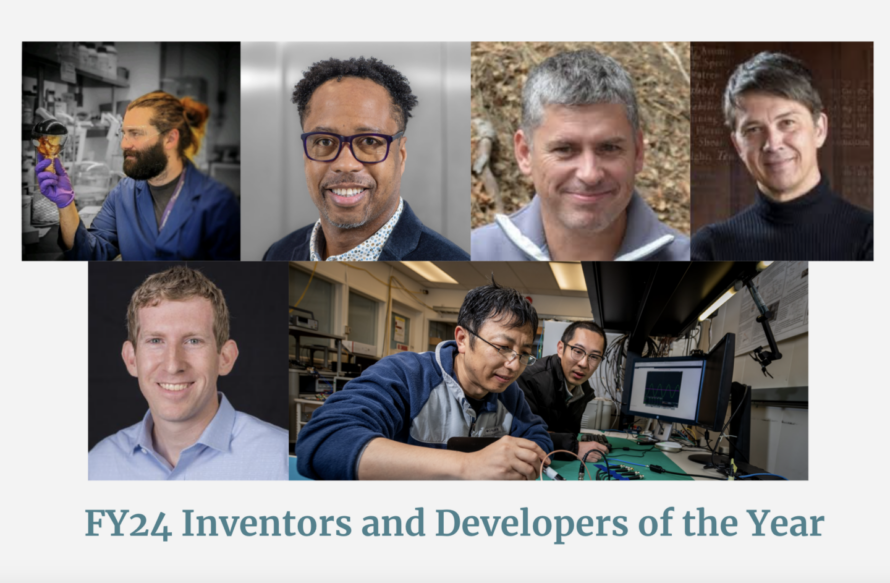 Photo montage of Berkeley Lab's Inventors and Developers of the Year FY2024. Top row left to right: Joe Palasz, Damian Rouson, Sebastien Biraud, Gerd Ceder. Bottom row left to right: Mike Tucker, Gang Huang, Yilun Xu. Credit: Ruby Barcklay, Berkeley Lab