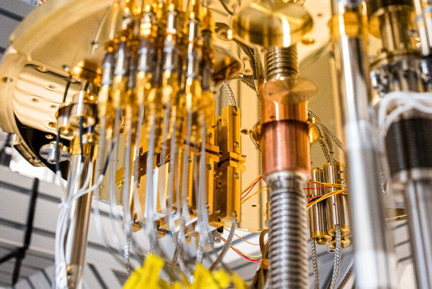 Cryogenic dilution refrigerator at MIT for superconducting qubits (Credit: Nathan Fiske)