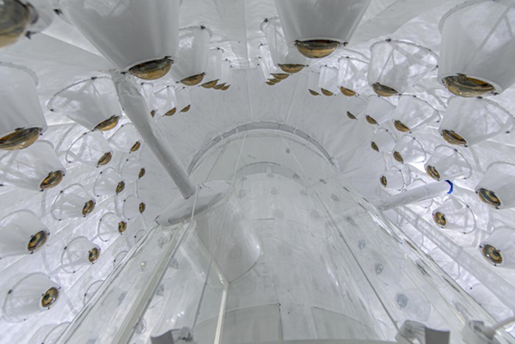 Looking up into the LZ Outer Detector, used to veto external radioactivity that can mimic a dark matter signal. Credit: Matthew Kapust, Sanford Underground Research Facility