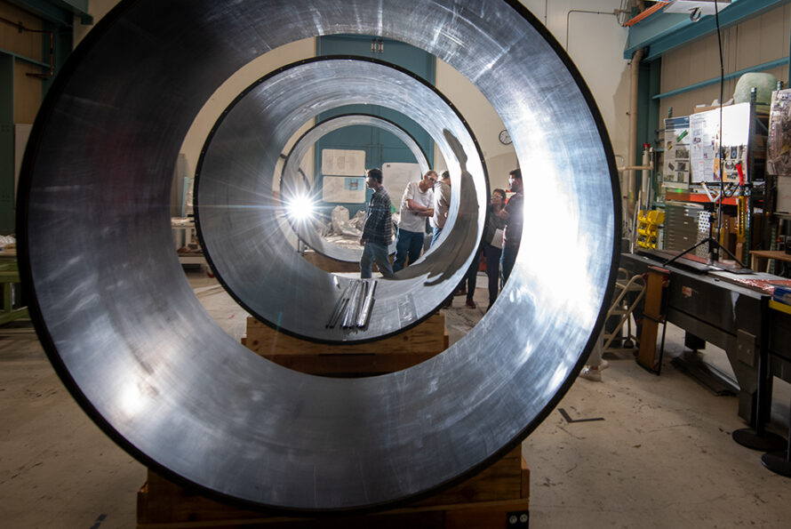The ATLAS ITk outer cylinder under construction at Berkeley Lab in 2023. Credit: Thor Swift, Berkeley Lab