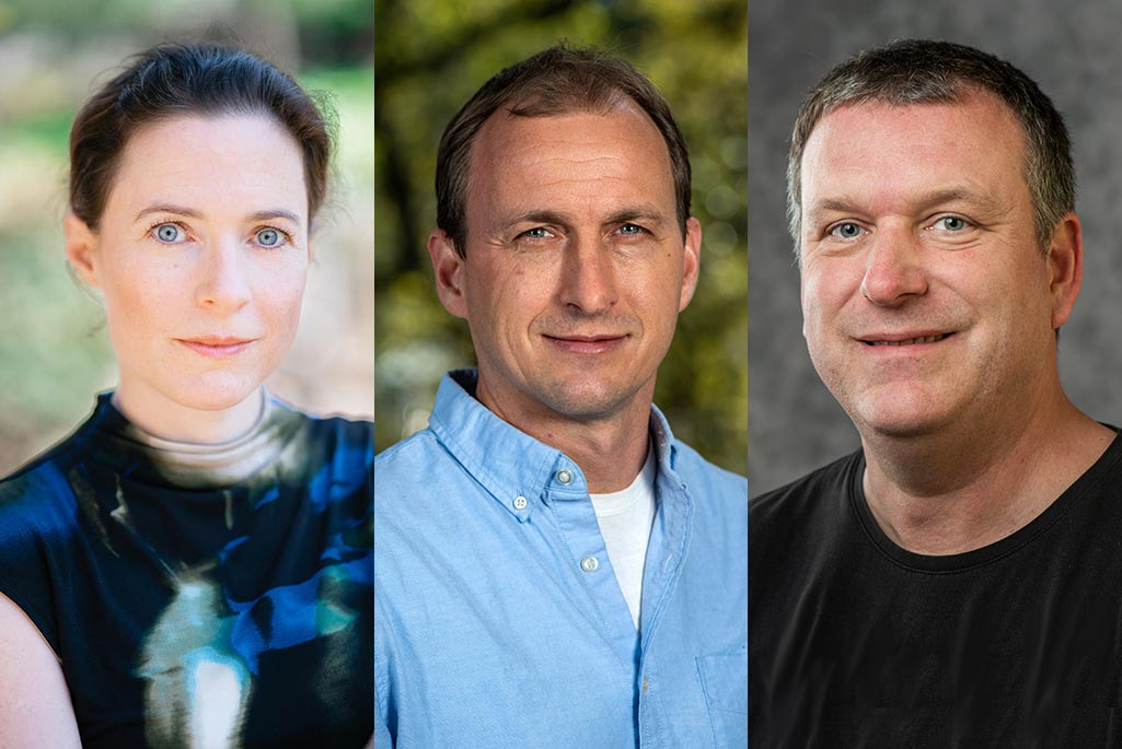 Gabriel Orebi Gann, Jeroen van Tilborg and Mathis Wiedeking. Credits: Left: AJ Gubser, UC Berkeley. Center: Thor Swift, Berkeley Lab. Right: Robinson Kuntz, Berkeley Lab.