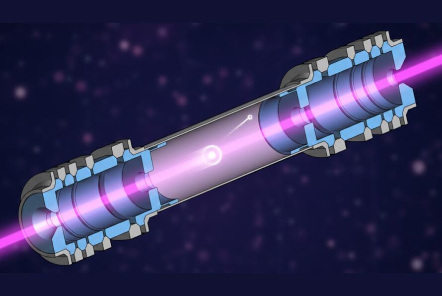 Illustration of the ion trap used by the ISOLDE team to measure the electron affinity of chlorine. In the trap, chlorine anions are reflected back and forth between two electrostatic ion mirrors, allowing the laser beam (pink) to probe the anions for much longer than in conventional measurements. The laser frequency is tuned to find the exact photon energy above which the extra electron (small white circle) is removed from the anion. (Image: MIRACLS collaboration)