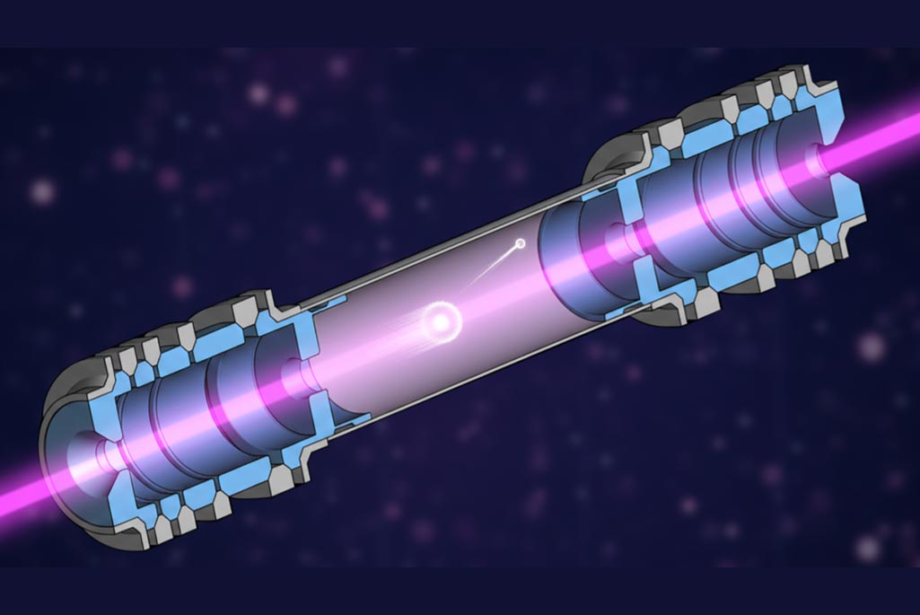 Illustration of the ion trap used by the ISOLDE team to measure the electron affinity of chlorine. In the trap, chlorine anions are reflected back and forth between two electrostatic ion mirrors, allowing the laser beam (pink) to probe the anions for much longer than in conventional measurements. The laser frequency is tuned to find the exact photon energy above which the extra electron (small white circle) is removed from the anion. (Image: MIRACLS collaboration)