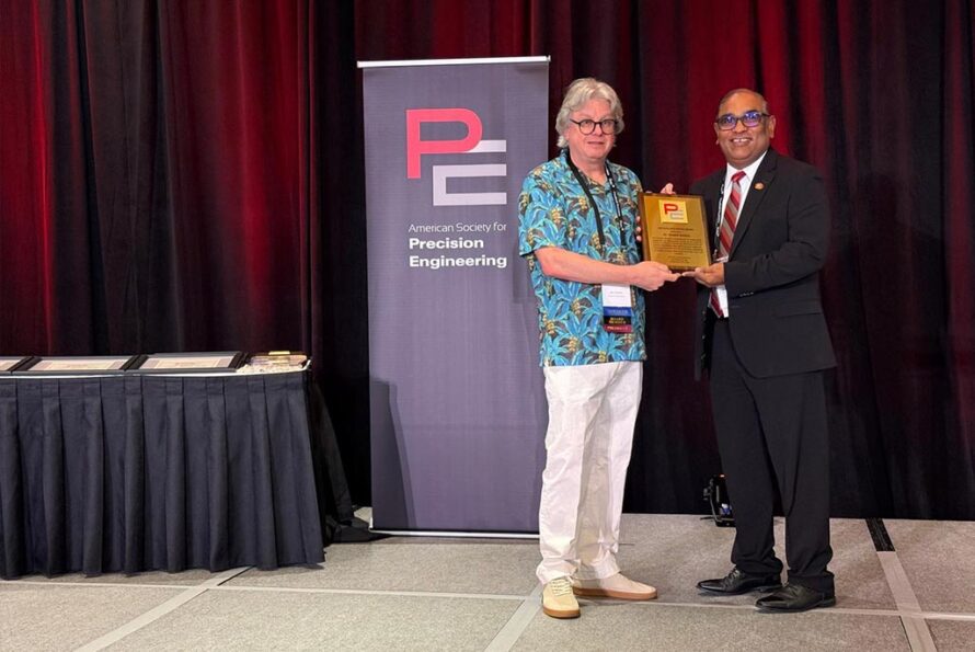 Berkeley Lab Engineer Senajith “Seno” Rekawa (right) accepts the American Society of Precision Engineering (ASPE) 2025 Distinguished Service Award from Stuart Smith, Professor and President of ASPE, at a ceremony held on November 6 in San Diego, California. Credit: Senajith Rekawa