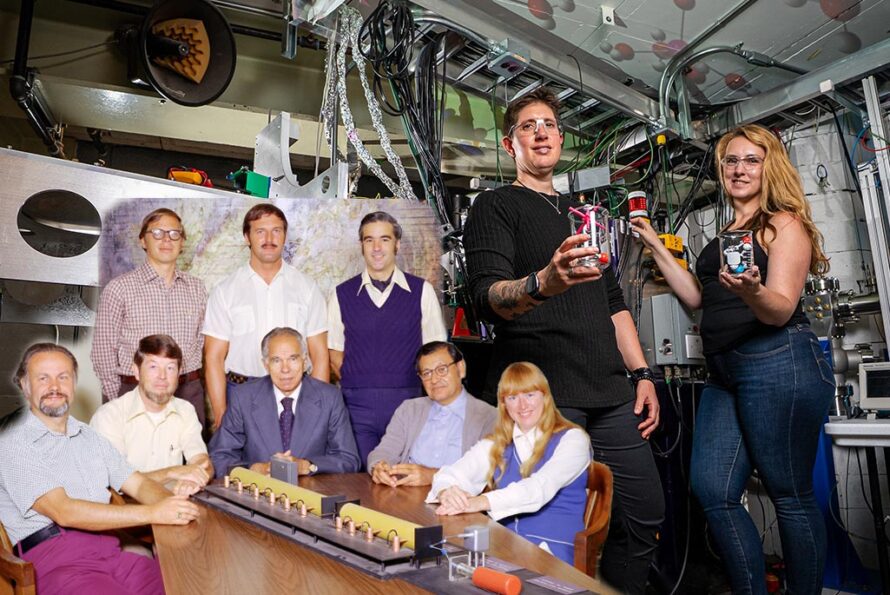 Jackly Gates and Jennifer Pore (right/background) are currently leading the search for element 120 at Berkeley Lab (Photo Credit: Marilyn Sargent, Berkeley Lab). The element 106 team at Berkeley Lab (left/inset), circa 1974. Standing left to right: Ron Logheed, Michael Nitschke, and José Alonso. Seated left to right: Mattie Nurmia, Ken Hulet, Glenn Seaborg, Al Ghiorso, and Carol Travis-Alonso. (Photo courtesy of Berkeley Lab).