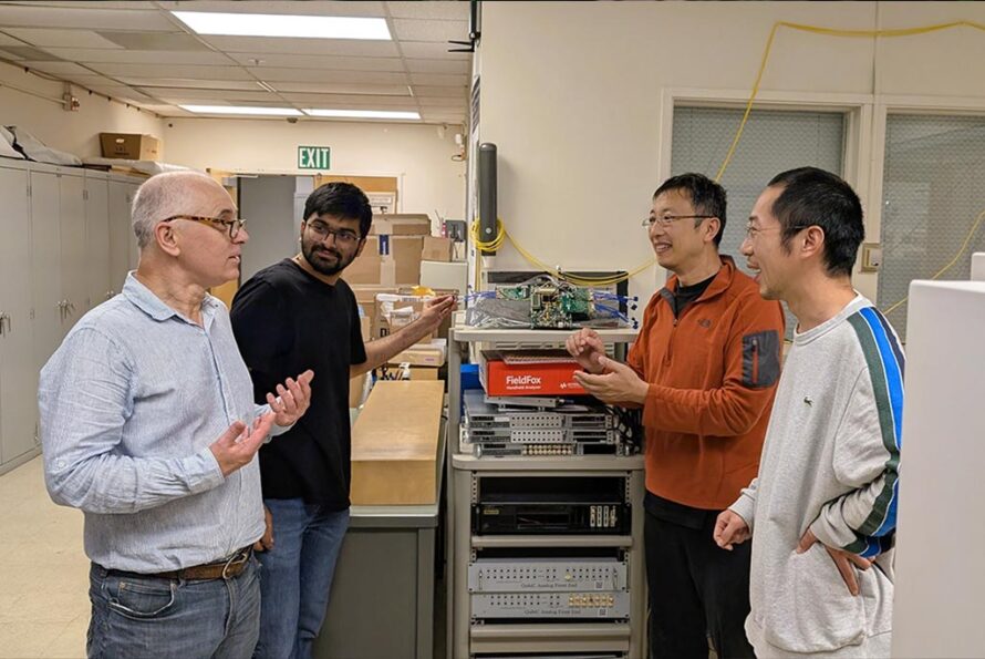Jan Balewski, Neel Vora, Gang Huang, and Yilun Xu discuss their method for modeling crosstalk in a multi-qubit superconducting quantum processor. (Credit: Matthew Fullmer, Berkeley Lab)