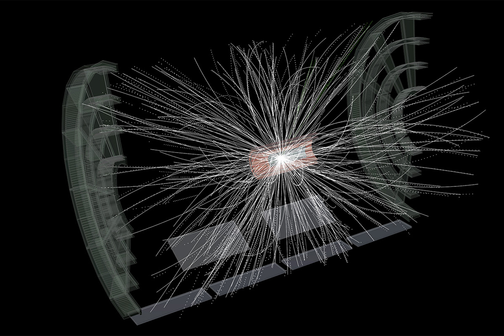 Particles burst into RHIC’s new sPHENIX detector after gold ions collide and create a puff of quark-gluon plasma (Credit: sPHENIX/Brookhaven National Laboratory)