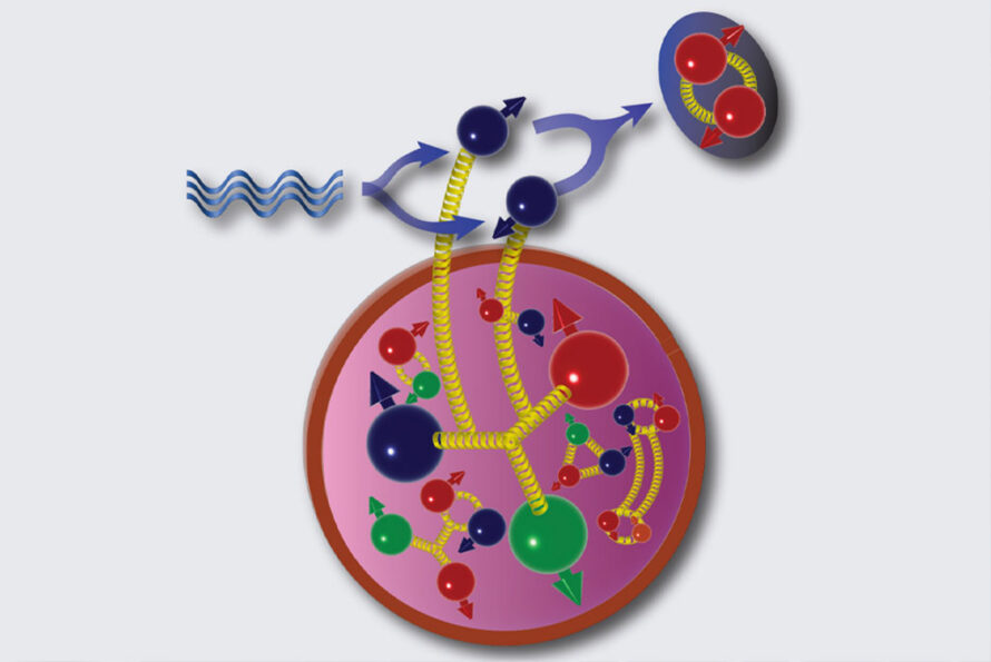A graphic illustration with a large pink circle at lower-center, with a thick red-line outline and several different shapes/colors floating in it. There's a squiggly line at top-right, and a blue outlined blob top right, and inbetween 2 blue balls with lines linking the 2 floating items at the top.