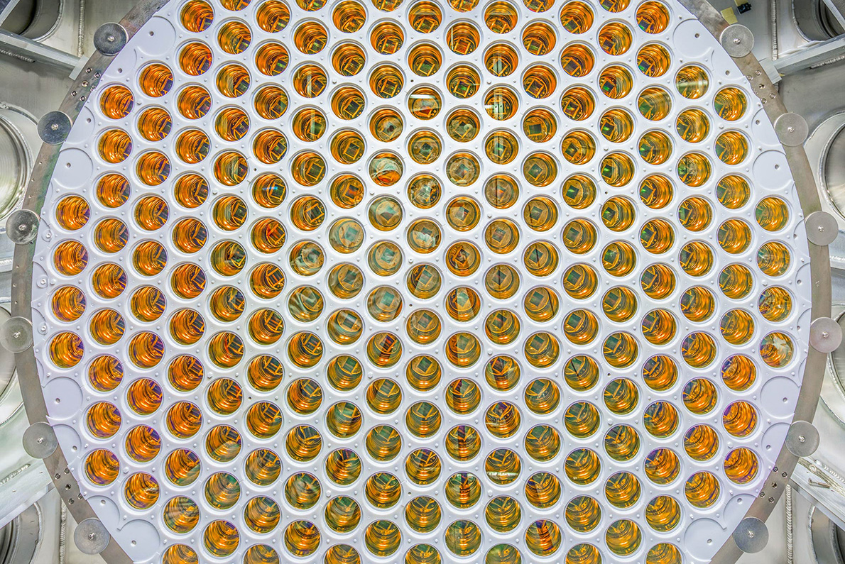 Caption: Photomultiplier tubes inside the LZ detector are designed to capture faint flashes of UV light that could signal a dark matter interaction. Credit: Matthew Kapust/Sanford Underground Research Facility Alt text: A circular array of amber, glossy photomultiplier tubes arranged in a grid pattern.