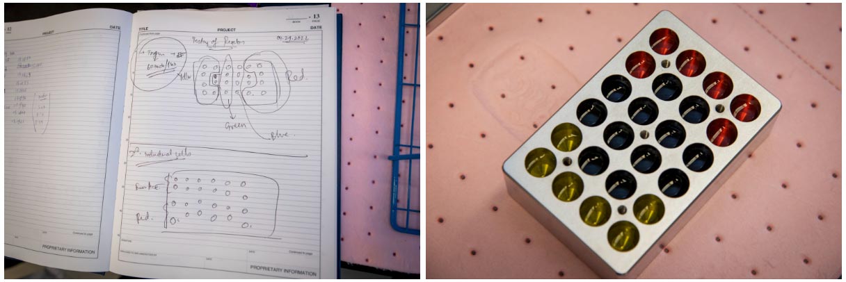 Early design notes for the custom small-batch chemical reactor (left) and a prototype small-batch reactor filled with sample liquid to test the performance of the device (right). The device is 5” L by 3.5” W by 2.9” H. Credit: Thor Swift