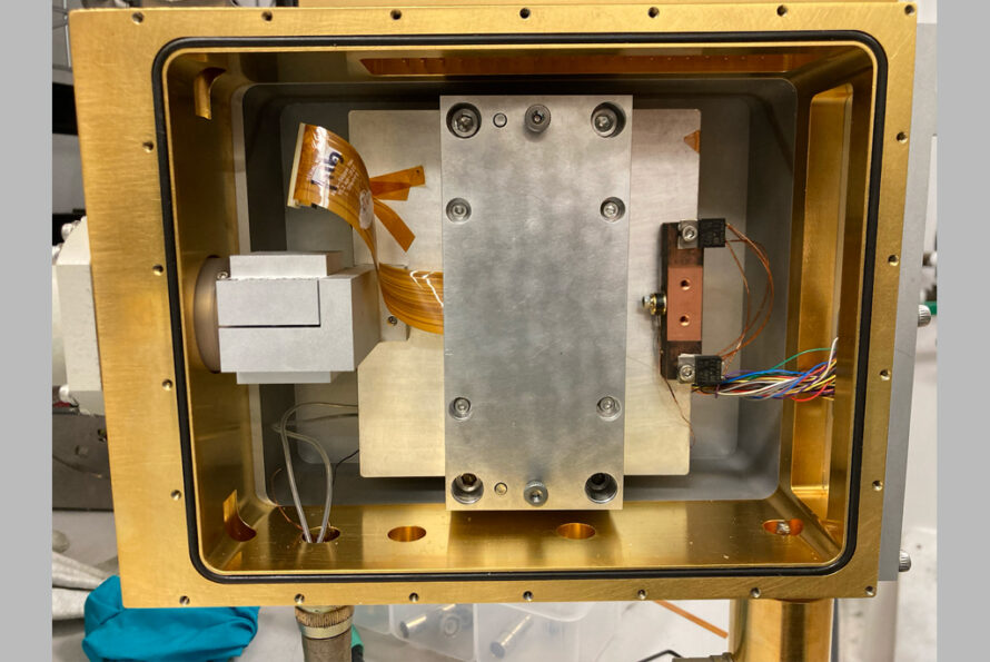 CCD in cryostat at LBNL, preparing for detection of tritium (Credit: Berkeley Lab Nuclear Science Division)