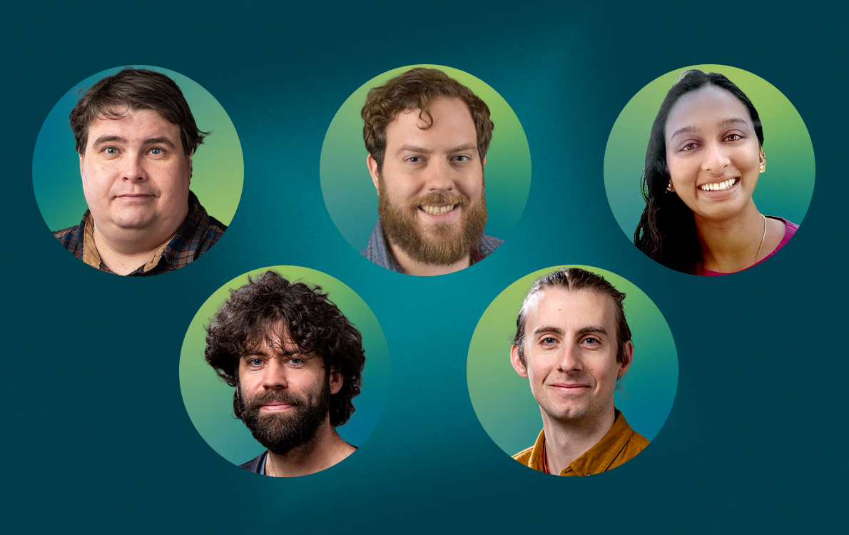 Faces of the ECRP Award recipients: (top row, from left) Timon Heim, Harrison Lisbeth, Aditi Krishnapriyan, (bottom row, from left) Dan Carney, and Callum Wilkinson. (Credit: Jenny Weger, Berkeley Lab)