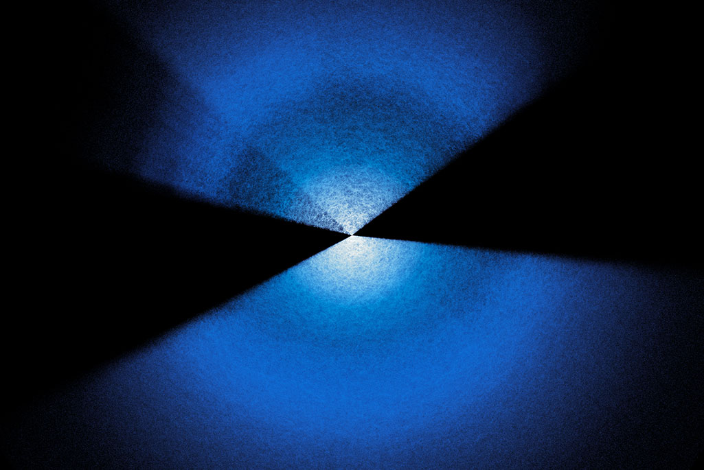 Alt text: Two fans of blue and white dots extending up and down from center on a black background.