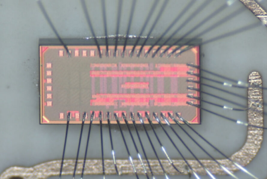 A prototype ASIC for LEGEND-1000, a planned physics detector. The ASIC is a microchip that will operate in a harsh environment in order to collect data. (Credit: Marcos Turqueti, Berkeley Lab)