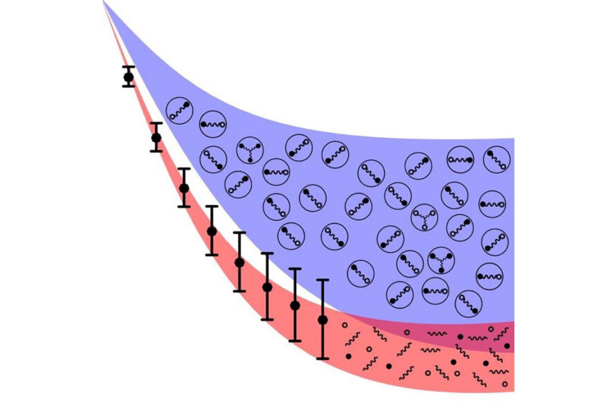 A comparison of experimental data (black dots) with theoretical predictions. The red band represents the Quark-Gluon Plasma scenario, which matches the data better than the Hadron Gas scenario (blue band). (Credit: Roman Poberezhniuk)