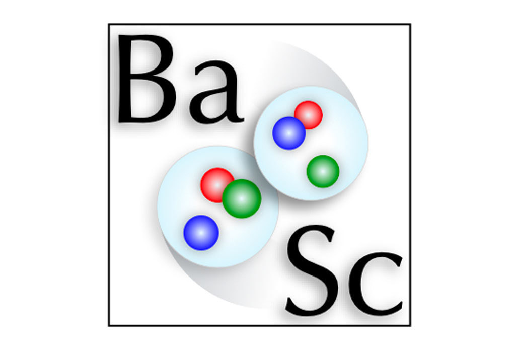 Baryon Scattering (BaSc) Collaboration logo icon with the letters "Ba" top left, "Sc" bottom right, and 2 small light blue circles, each with 3 circles inside (blue, red, and green) near the middle, all inside a white square with a thin black outline (Credit: BaSc Collaboration)