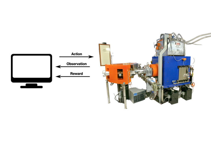 An icon/illustration of a computer screen (on the left) 'interacts' through "Action" (with and arrow pointing from left to right), as well as "Observation" and "Reward" (with arrows pointing right to left), with a representation of the VENUS Ion Source (on the right).