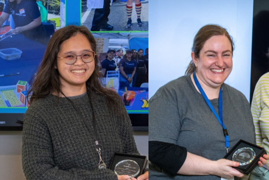 Software engineer Mary Lopez (left) and electronics engineer Rebecca Carney (right) with their awards at the 2026 Volunteer and Mentor Appreciation Event. (Photo Credits: Thor Swift, Berkeley Lab)