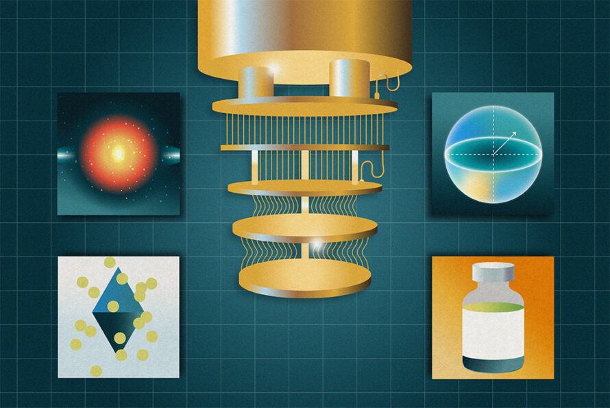 A stylized illustration on a teal grid background featuring a central golden quantum computer with stacked rings and wiring, surrounded by four panels: a glowing red star, a qubit with dashed axes (top right), a material diagram with a blue diamond shape (bottom left), and a medicine bottle with a green liquid (bottom right).
