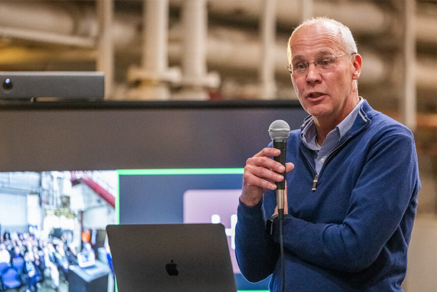 Paul Fallon speaks during the GRETA Dedication Review in Berkeley Lab's 88-Inch Cyclotron on April 23, 2025. The two-day event celebrated the completion of the GRETA (Gamma-Ray Energy Tracking Array) high-resolution gamma-ray detector system. (Credit: Robinson Kuntz, Berkeley Lab)