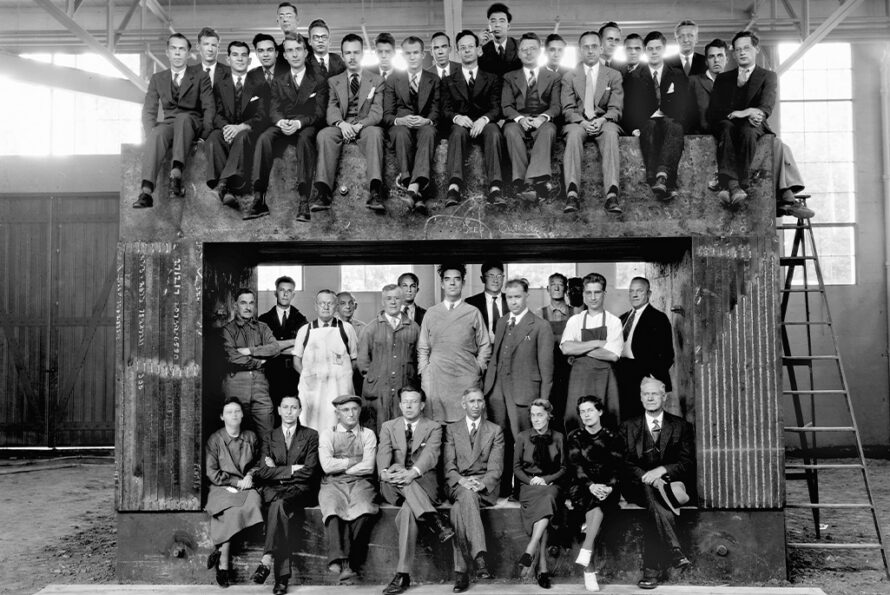 Lawrence Berkeley Laboratory's scientific and technical staff arranged within and on top of the magnet of the 60-inch cyclotron. (September 1938) Photographer: Donald Cooksey, Berkeley Lab