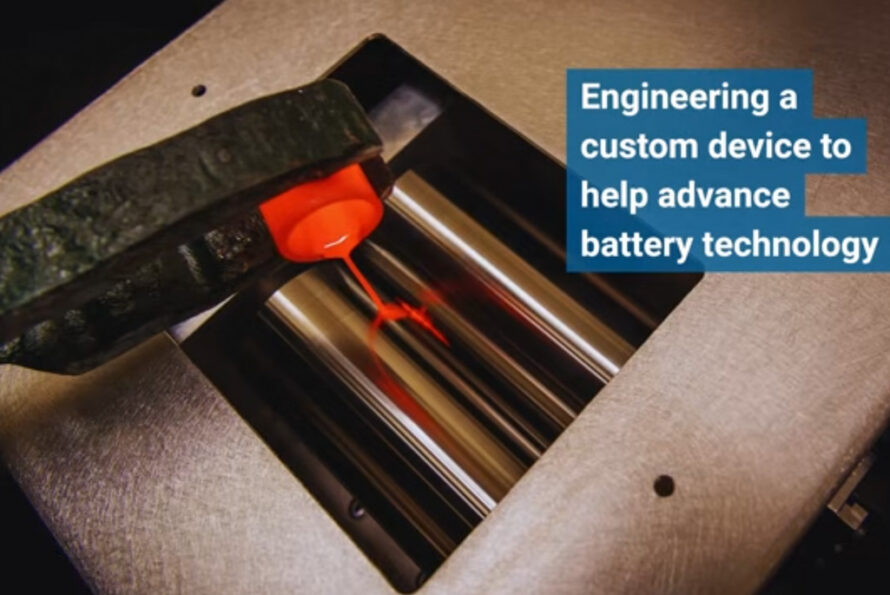 Red-hot glowing molten material is poured into a device and rapidly cooled between two metal rollers to quickly lower its temperature. The words, "Engineering a custom device to help advance battery technology," appear in the upper right corner.