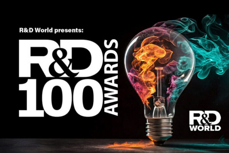 2026 R&D World "R&D 100 Awards" banner logo: On a black background appear the words "R&D World Presents: R&D 100 Awards" situated in a square shape on the left side of the image, and the words "R&D World" in the lower right, on on the right side, an old-fashioned clear-glass lightbulb standing upright on a gray platform, with wispy rainbow colored smoke inside and floating out to the right side of the bulb.