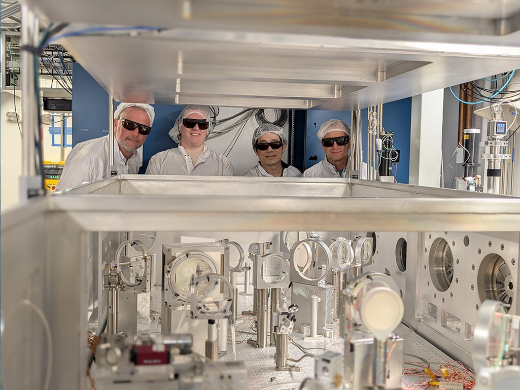 From left to right, ATAP researchers Cameron Geddes, Robert Jacob, Hai-En Tsai, and Jeroen van Tilborg in the BELLA Hundred-Terawatt Thomson laser target area. (Credit: Matthew Fullmer/Berkeley Lab)