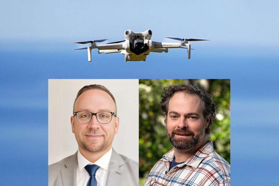 Photos of Kevin Goodwin and Brian Quiter in the lower middle, with a backdrop photo of a drone on an out-of-focus blue landscape background
