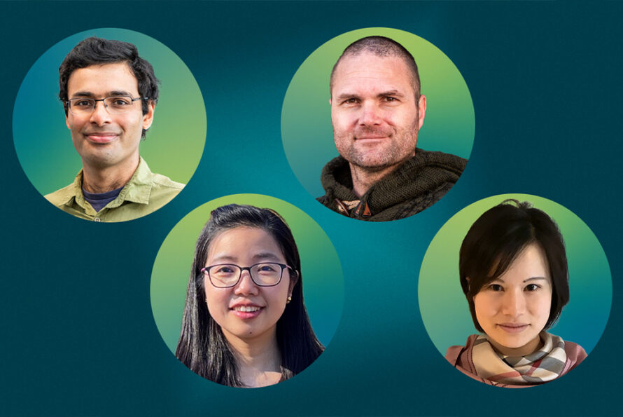 Portraits of four researchers on a green background.