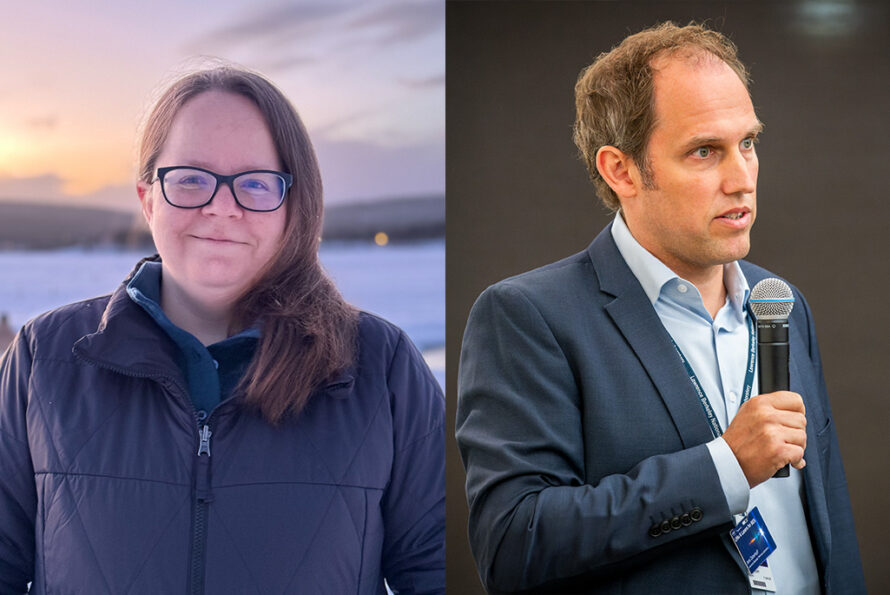 Left: ​​Heather Crawford in Jukkasjärvi, Sweden, 200km north of the Arctic Circle, December 2025. Right: Jens Osterhoff addresses participants at the Laser Plasma Accelerators & Advanced Laser Technology for Basic Energy Sciences Workshop at Berkeley Lab, June 2026. Credits: Left: Meggan Crawford. Right: Robinson Kuntz, Berkeley Lab.