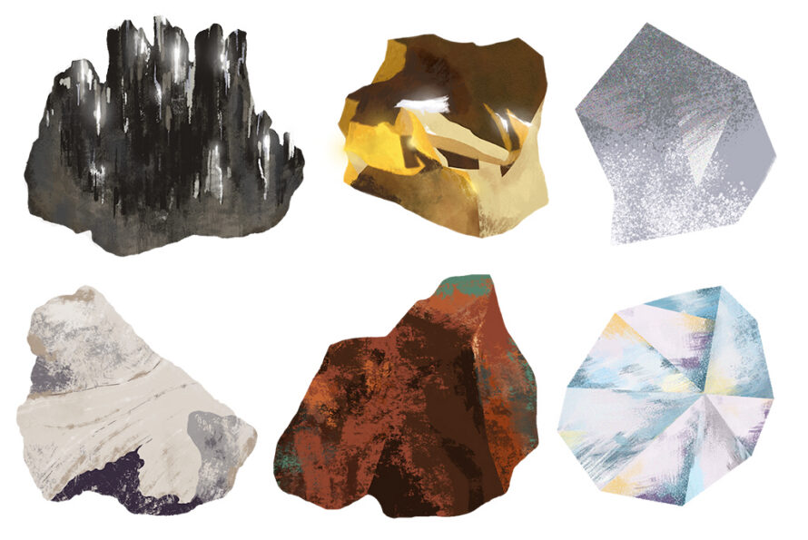 6 different colored/shaped rocks on a white background. (Credit: Berkeley Lab News Center)